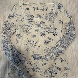 We The Free Blue and Cream Ribbed Blouse